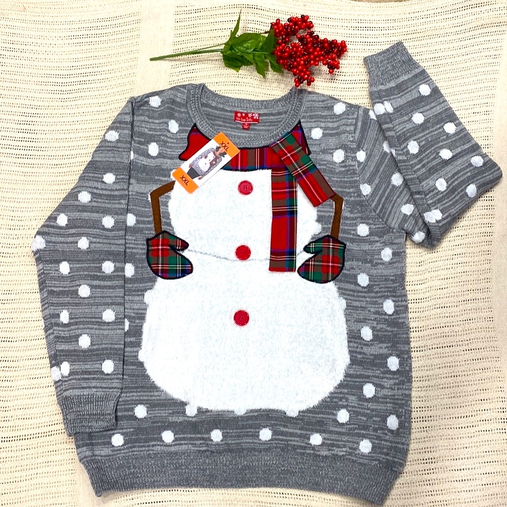 NWT To Be Jolly Holiday Ugly Sweater Gray Feather Snowman Body Real Plaid Scarf